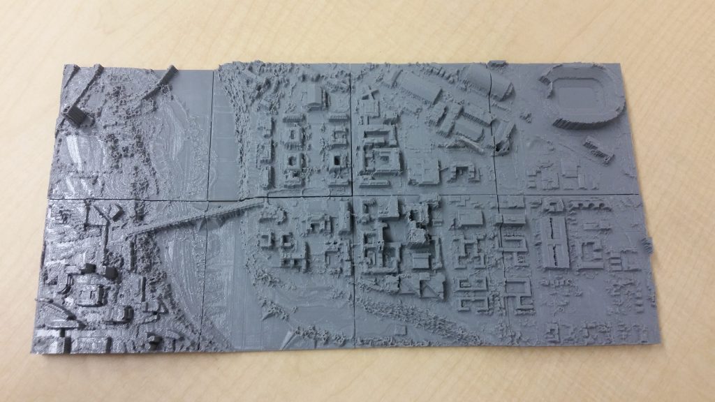 3D Printed Map of UMN Campus, 2017. Coursework for FNRM 5412. Made with LAStools, ArcGIS, 3DEM, Quick Terrain Modeler, QGIS, Blender & MakerBot Replicator+. Lidar Data from MnTopo.