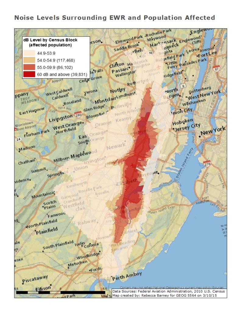 Noise Levels Surrounding EWR and Population Affected, 2015. Coursework for Geog 5564. Made with ESRI’s ArcGIS