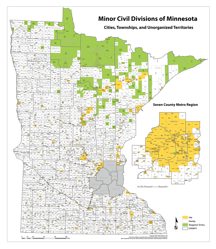 Cities, Townships and Counties of Minnesota, 2016. Group Coursework for GIS 5572. Made with ESRI’s ArcGIS 