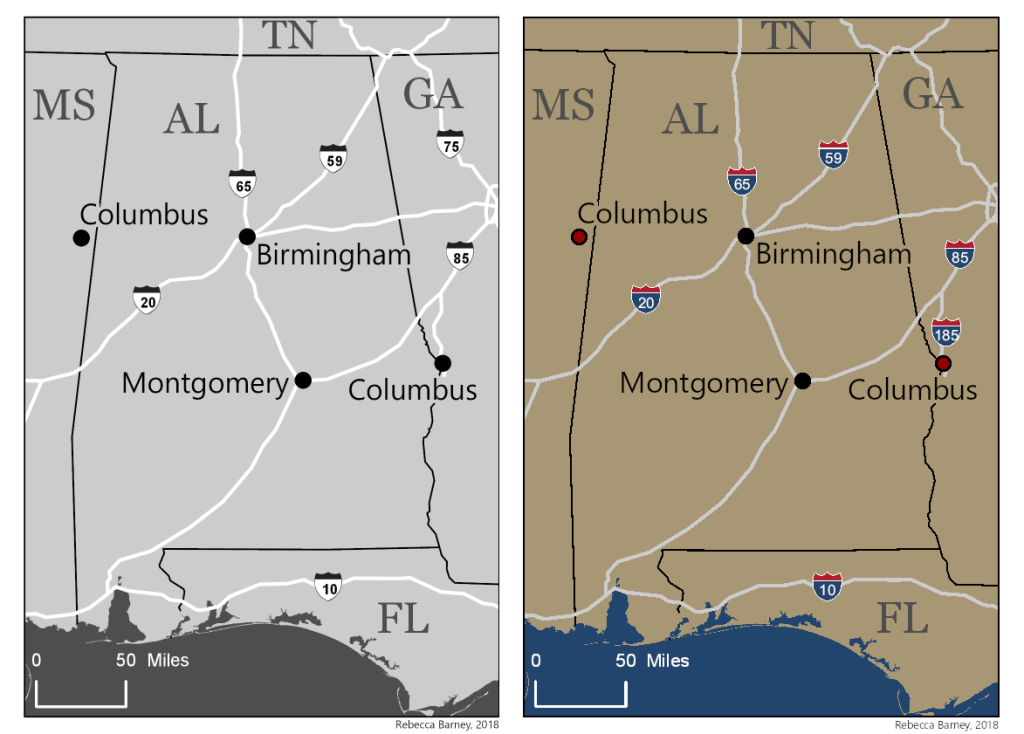 New York Times Locator Map in black and white and in color, 2018. TA Example Curriculum for Cartography GEOG3511/5511. Made using ArcGIS Pro.