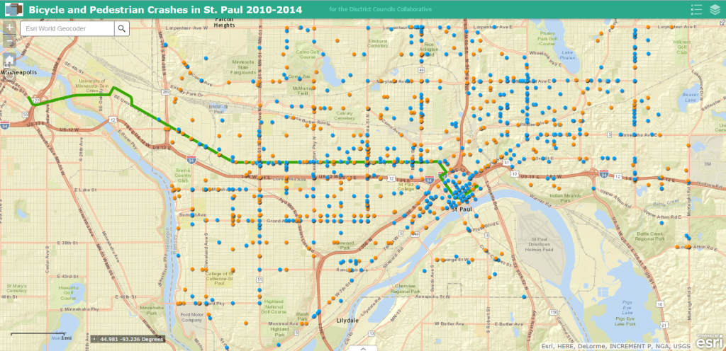 Bike and Pedestrian Crash Hot Spots in St. Paul 2010-2014. Project for Geog 5564. Made with ESRI’s ArcGIS