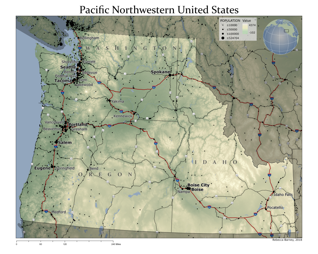The Pacific Northwestern United States, 2018. TA Example Curriculum for Cartography GEOG 3511/5511. Made using ArcGIS Pro & Ken Field’s Terrain Toolbox.
