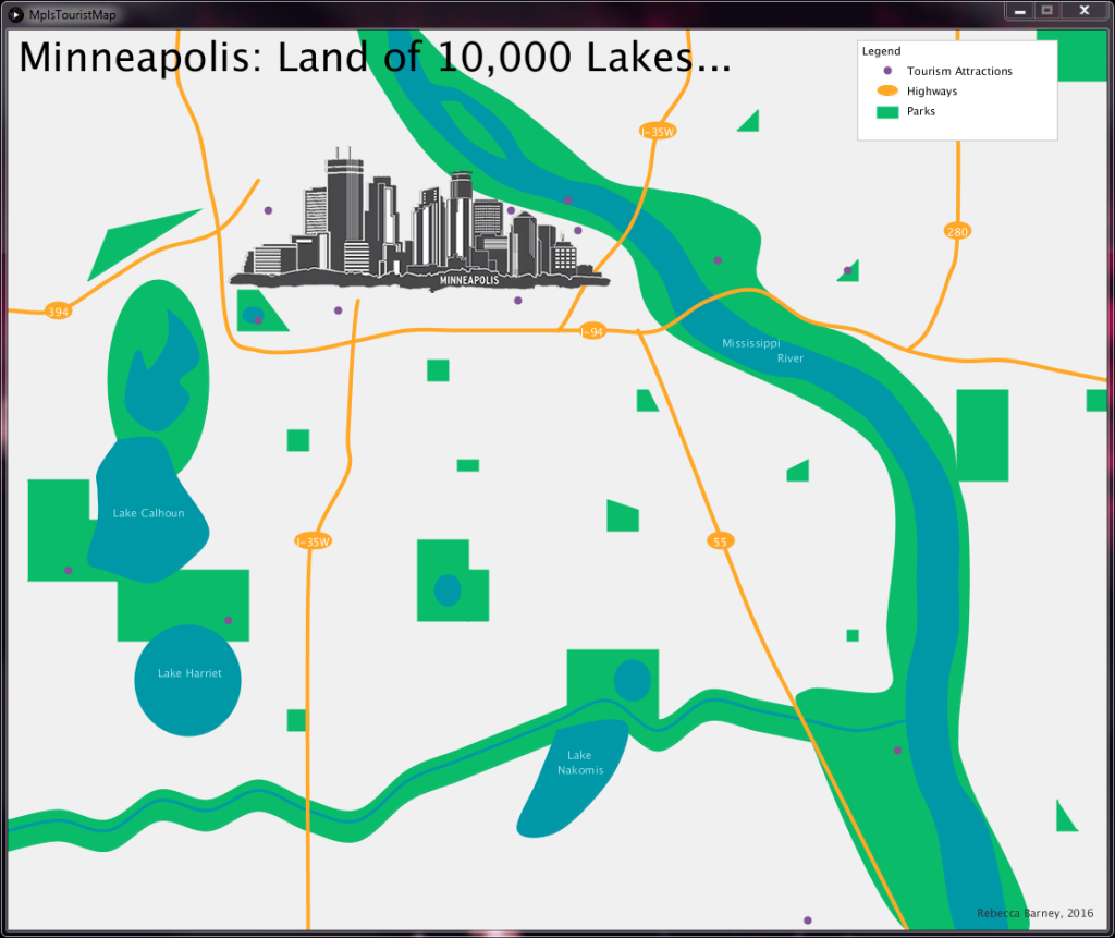 Minneapolis: Land of 10,000 Lakes Interactive Abstract Map, 2016. Coursework for GIS 5900. Interactive Map coded in Java using Processing. 
