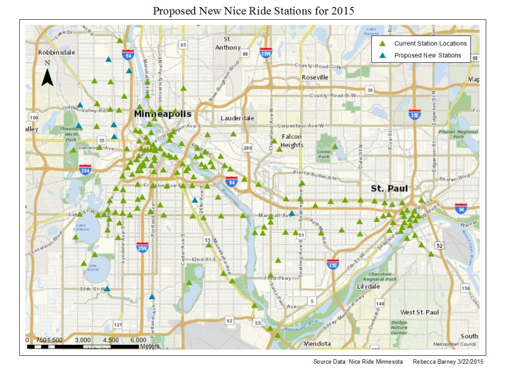 Proposed New Nice Ride Stations for 2015, 2015. Coursework for PA 5235. Made with ESRI’s ArcGIS