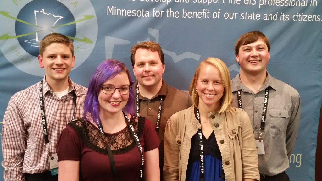 GIS Student Organization Officers 2016-2017: Rebecca Barney, President; Jacob Hartle, Vice President; Jake Arndt, Secretary; Grace Johnson, Communications; Mitch Schaps, Treasurer