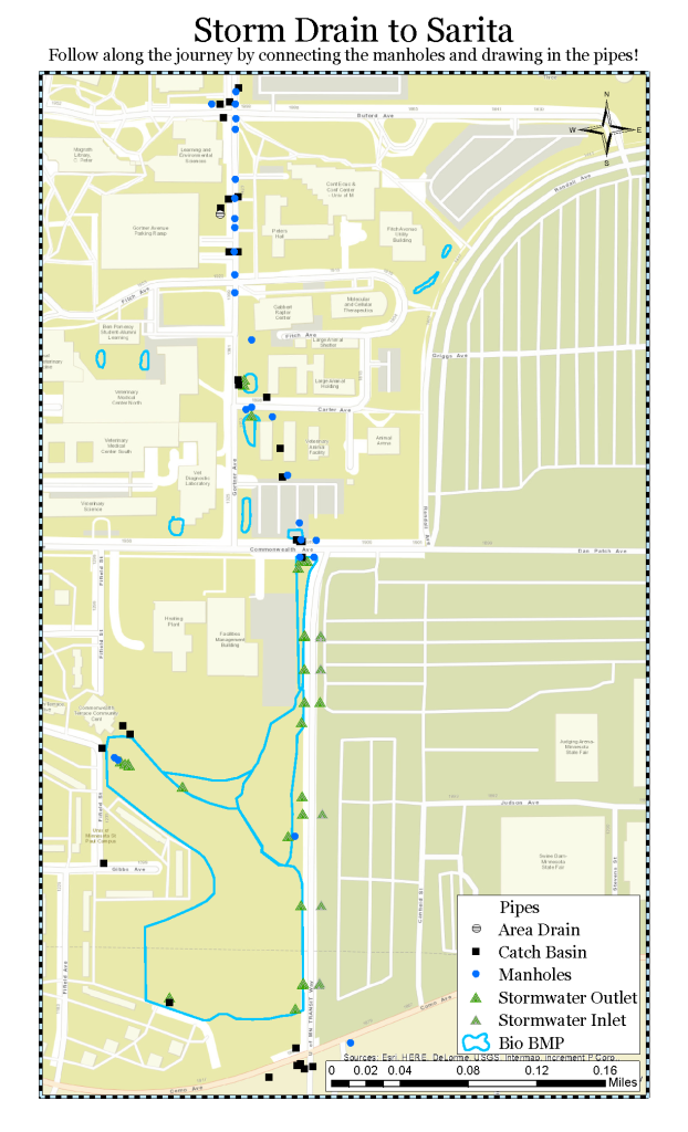 Water Journeys Storm Drain to Sarita Map, 2016. Designed an interactive connect-the-dots map outlining storm drains for students to “draw in” the pipes. Created with ESRI’s ArcGIS 