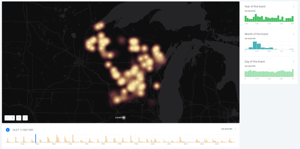 Wildfires in Wisconsin Time-Enabled Map, 2017. Made example project for climate generation conference presentation. Presenter for U-Spatial. Made with CARTO