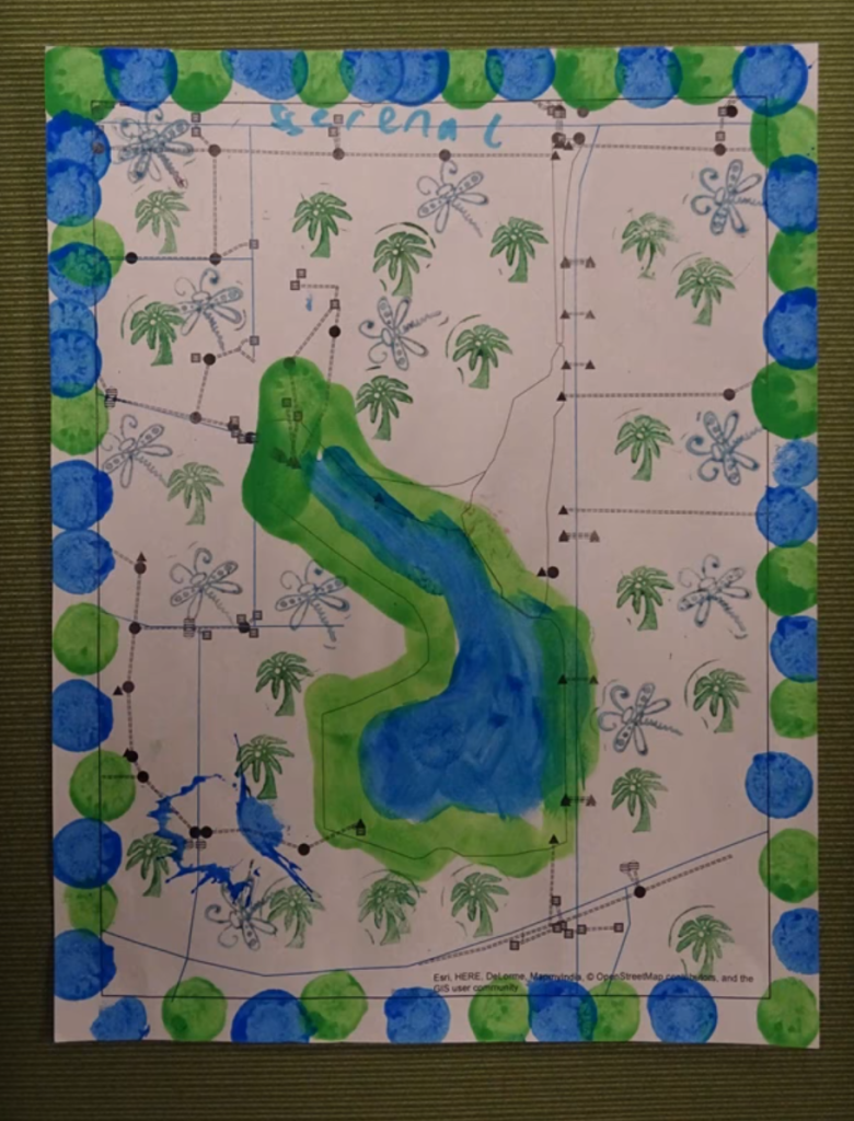 Greening up the Infrastructure of Sarita Map, 2016. Made a map of the infrastructure surrounding Sarita Wetland and had the students “fill in” the map with the vegetation and water that existed there. Made with ESRI’s ArcGIS and Fingerpaint