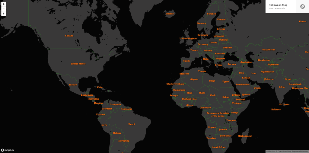 Halloween Mapbox Basemap Style, 2017. Online Cartography Curriculum Development within Teaching Assistant Position. Made with Mapbox 