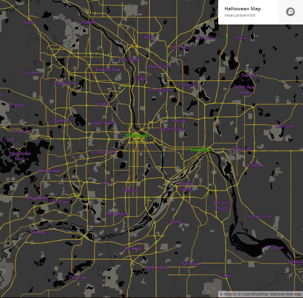 Halloween Mapbox Basemap Style, 2017. Online Cartography Curriculum Development within Teaching Assistant Position. Made with Mapbox 