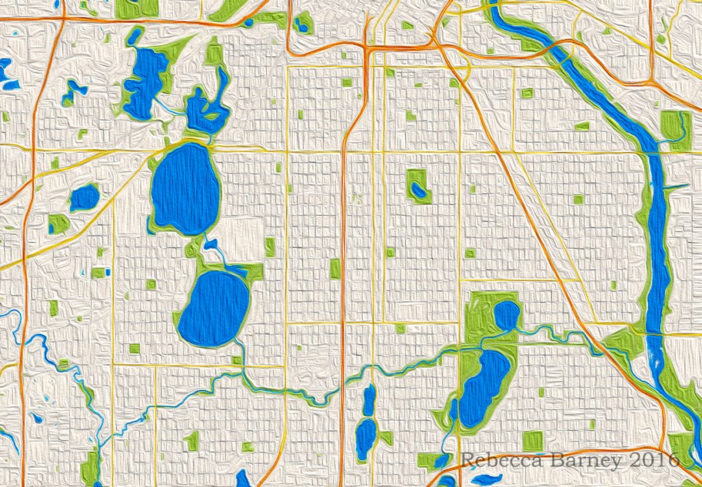 Oil Painting Renditions of Minneapolis and St. Paul, 2016. Winner of the U-Spatial Mapping Prize. Made with ESRI’s ArcGIS and Adobe Illustrator