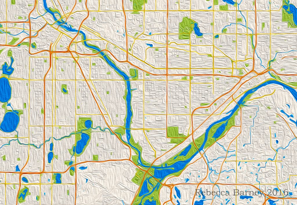 Oil Painting Renditions of Minneapolis and St. Paul, 2016. Winner of the U-Spatial Mapping Prize. Made with ESRI’s ArcGIS and Adobe Illustrator