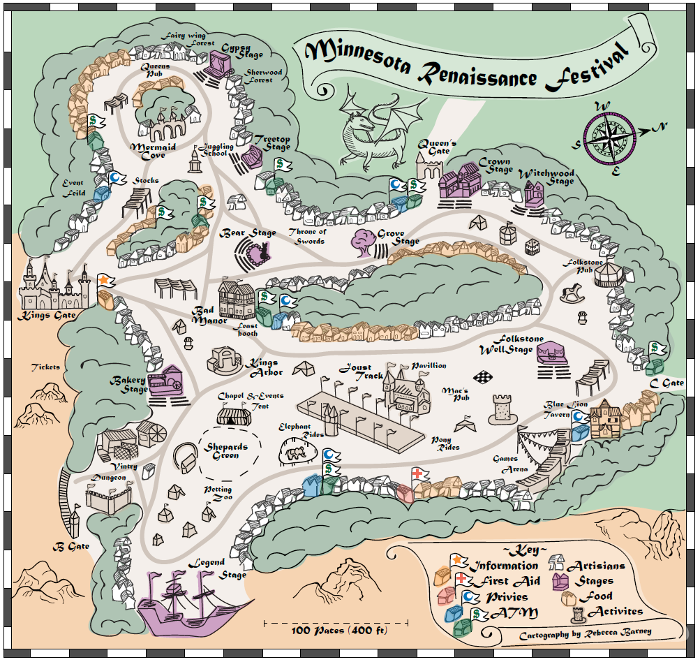 Minnesota Renaissance Festival Map, 2017. Winner of the U-Spatial Mapping Prize: Best Cartography. Made with Adobe Illustrator.