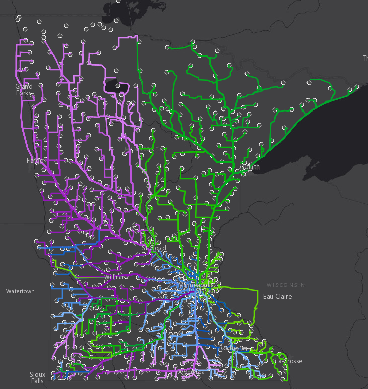 Origin Destination Networks in MN, 2017. Made a network analysis for every zipcode in MN to 5 major cites. Project for U-Spatial Help Desk. Made with ArcGIS Online
