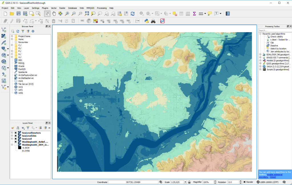 Lab 6: Sea Level Rise and Uncertainty Workthrough, 2016.  QGIS Curriculum Development for Advanced GIS Labs following Teaching Assistant Position. Made with QGIS