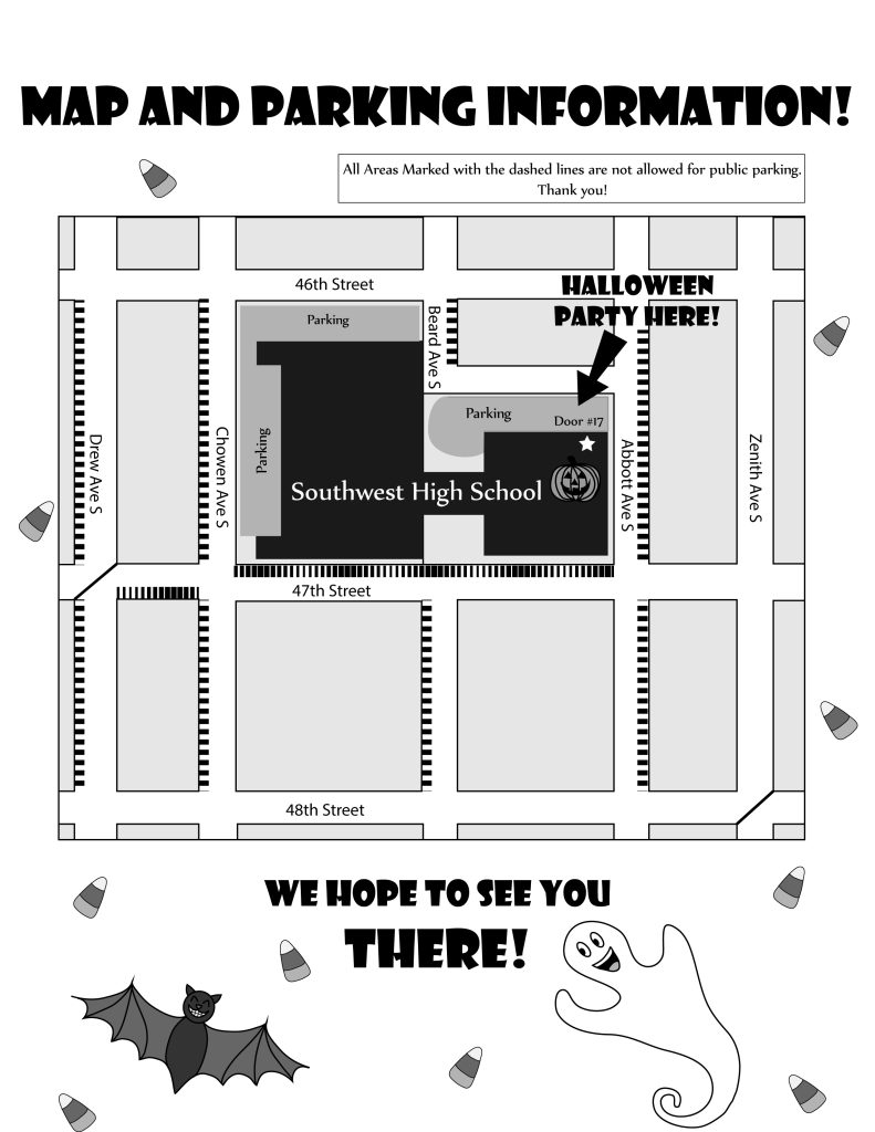 Halloween Party Flyer Map, 2012. Made for Southwest Community Education. Created with Adobe Illustrator
