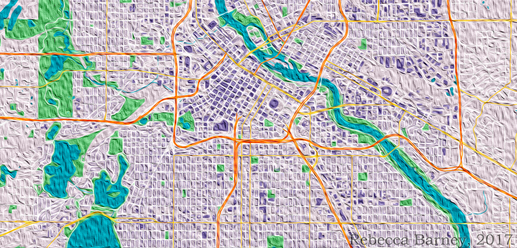 Oil Painting Renditions of Minneapolis, 2017. Matching Website Pallet. Made with ESRI’s ArcGIS and Adobe Illustrator