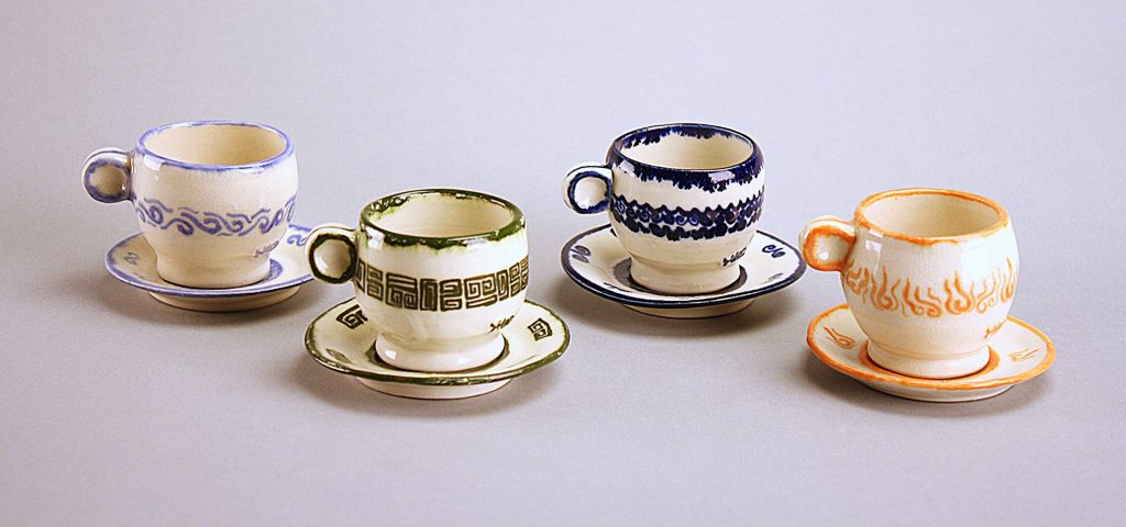 Elemental Tea Cups, 2013. Wheel Thrown Porcelain, Colbalt Oxide, Mason Stains and Glaze