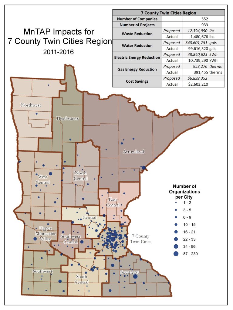 MnTAP Impact Maps, 2016. Made template for MnTAP to review annual impacts, trained MnTAP employees to update it each year. Task from U-Spatial Help Desk. Created with ArcGIS Desktop and Microsoft Excel.