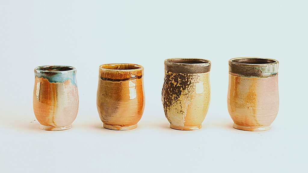Mini Soda Fired Porcelain Cups, 2013. Porcelain fired to cone 10 in soda kiln